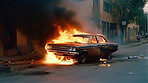 Apocalypse, fire and explosion with car in city for disaster, accident and damage, Danger, smoke and ai generated with burning vehicle in road for smoke catastrophe, armageddon and emergency