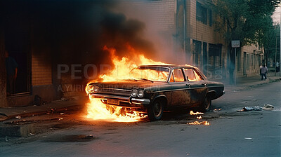 Buy stock photo Apocalypse, fire and explosion with car in city for disaster, accident and damage, Danger, smoke and ai generated with burning vehicle in road for smoke catastrophe, armageddon and emergency