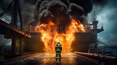 Accident, fire and explosion with firefighter on oil rig for disaster, climate change and damage, Danger, smoke and ai generated with person on refinery for smoke, rescue service and emergency