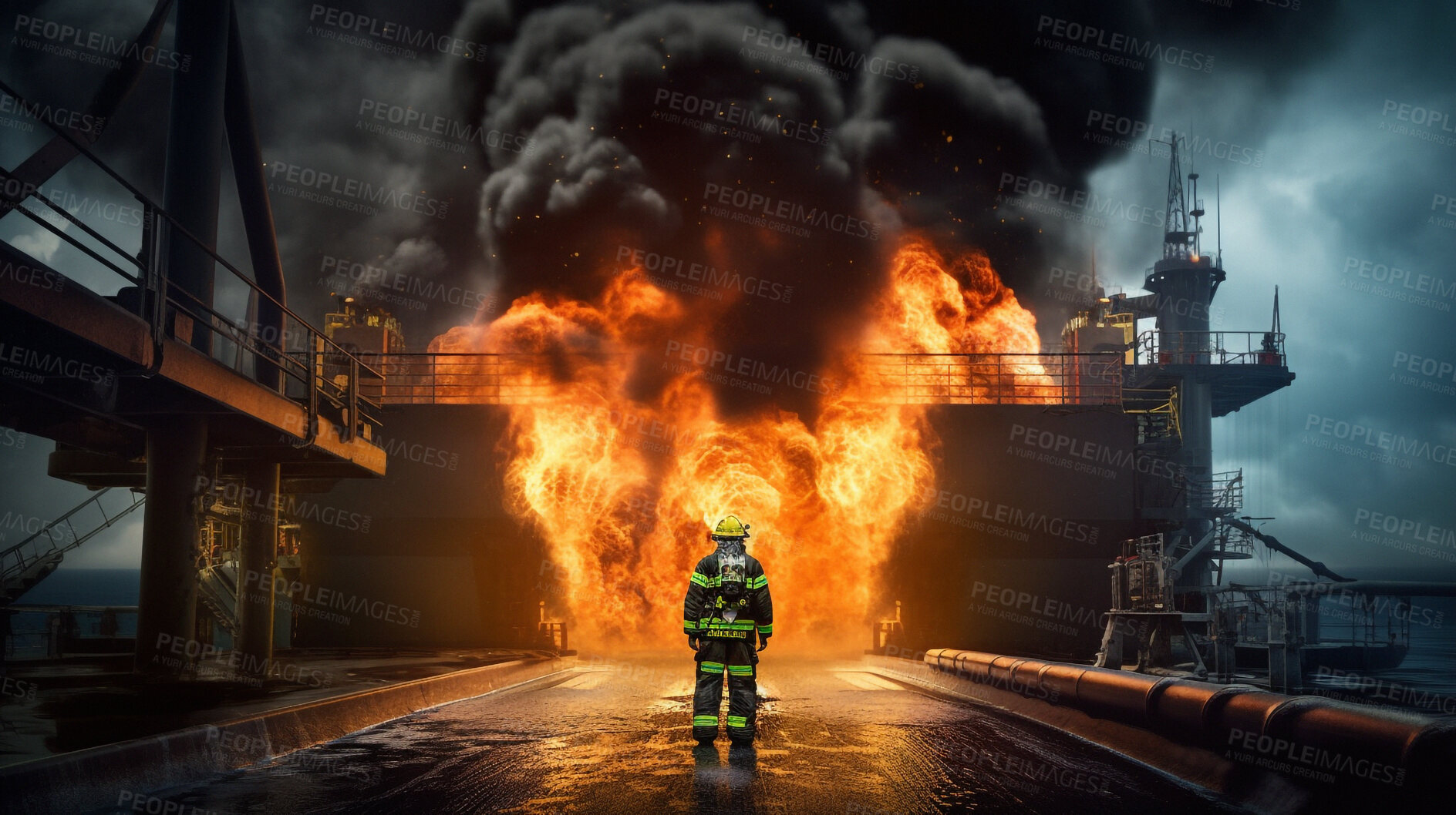 Buy stock photo Accident, fire and explosion with firefighter on oil rig for disaster, climate change and damage, Danger, smoke and ai generated with person on refinery for smoke, rescue service and emergency