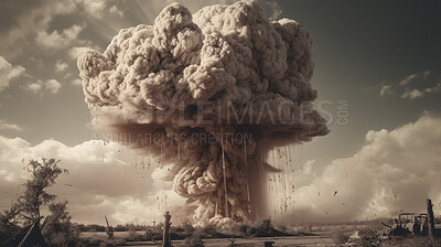 Buy stock photo Military, monochrome and nuclear explosion of bomb for battle, accident and armageddon. Apocalypse, danger and crisis with nuke attack and mushroom cloud for ai generated, atomic disaster and power