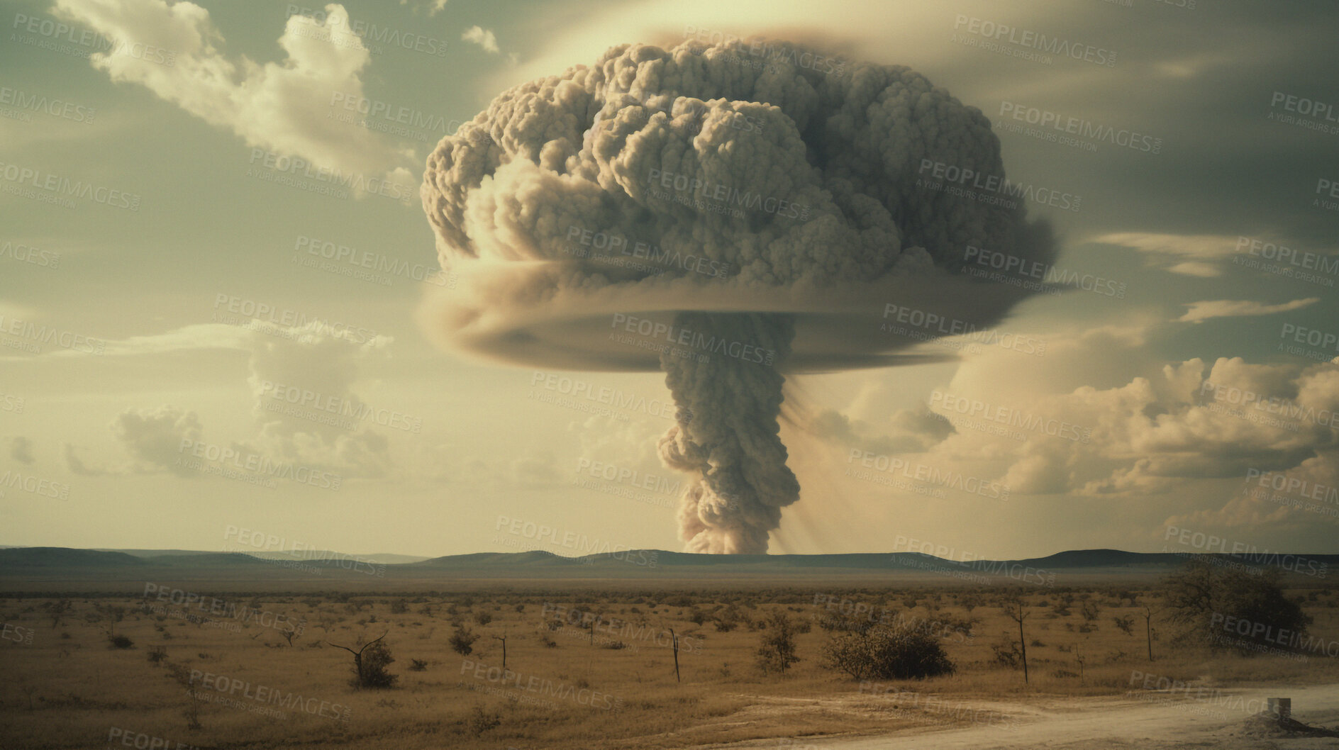 Buy stock photo Military, accident and nuclear explosion of bomb for battle, smoke and armageddon. Apocalypse, danger and crisis with nuke attack and mushroom cloud for ai generated, atomic disaster and power