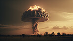 Military, disaster and nuclear explosion of bomb in countryside for battle, disaster and armageddon. Apocalypse, smoke and crisis with nuke attack and mushroom cloud for ai generated, atomic or power