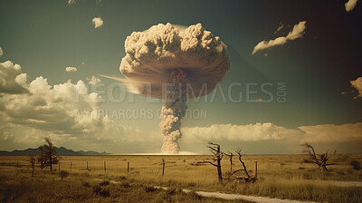Buy stock photo Military, apocalypse and nuclear explosion of bomb in countryside for battle, disaster and armageddon. Disaster, smoke and crisis with nuke attack and mushroom cloud for ai generated, atomic or power