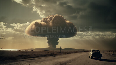 Buy stock photo Attack, apocalypse and nuclear explosion of bomb in countryside for battle, fire and armageddon. Danger, smoke and crisis with nuke disaster and mushroom cloud for ai generated, atomic and power