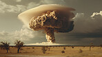 Attack, apocalypse and nuclear and explosion of bomb in nature for battle, fire and armageddon. Danger, smoke and crisis with nuke disaster and mushroom cloud for ai generated, atomic and power