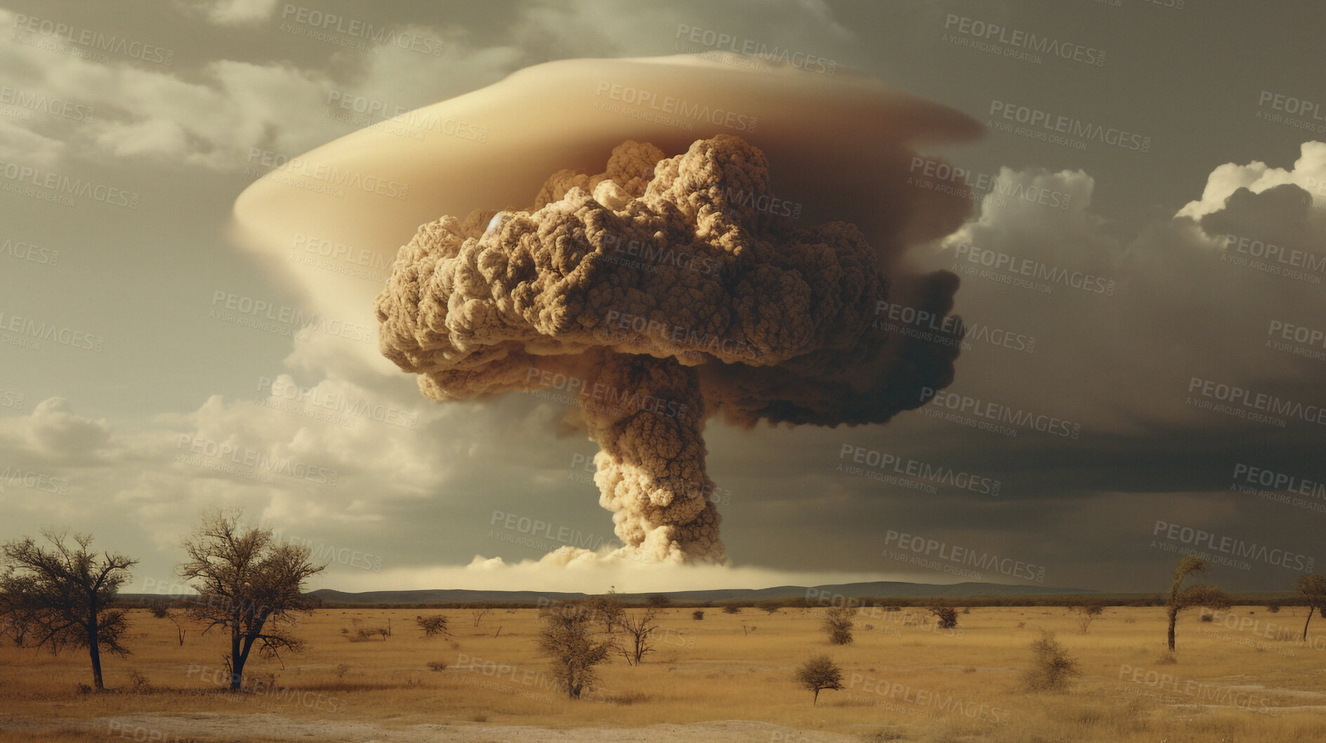 Buy stock photo Attack, apocalypse and nuclear and explosion of bomb in nature for battle, fire and armageddon. Danger, smoke and crisis with nuke  disaster and mushroom cloud for ai generated, atomic and power