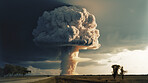 Danger, disaster and nuclear explosion of bomb in countryside for battle, apocalypse and armageddon. Fire, smoke and crisis with attack and mushroom cloud for ai generated, atomic and power