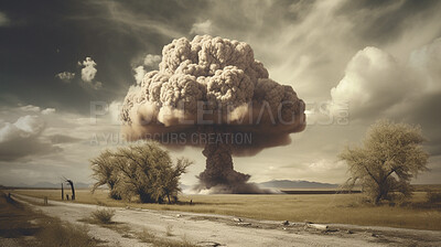 Buy stock photo Crisis, disaster and nuclear explosion of bomb in countryside for battle, apocalypse and armageddon. Fire, smoke and danger with attack with mushroom cloud for ai generated, atomic and power