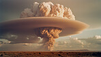 Smoke, disaster and nuclear explosion of bomb in countryside for battle, apocalypse and armageddon. Fire, crisis and danger with attack with mushroom cloud for ai generated, atomic and power