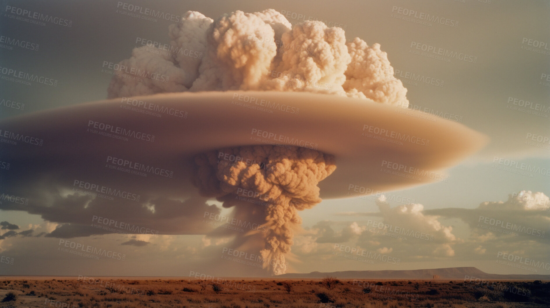 Buy stock photo Smoke, disaster and nuclear explosion of bomb in countryside for battle, apocalypse and armageddon. Fire, crisis and danger with attack with mushroom cloud for ai generated, atomic and power