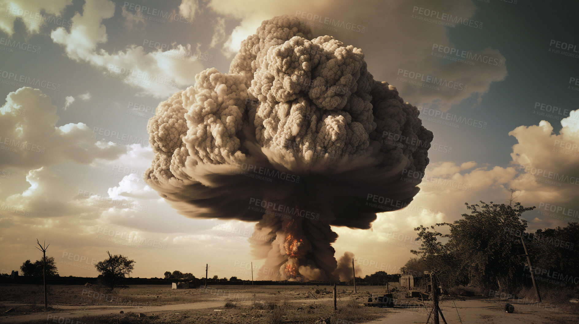 Buy stock photo Fire, apocalypse and nuclear explosion of bomb in countryside for battle, disaster and armageddon. Disaster, crisis and danger with attack with mushroom cloud for ai generated, atomic and power