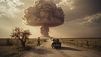 Accident, apocalypse and nuclear explosion of bomb in countryside for battle, disaster and armageddon. Disaster, crisis and danger with attack with mushroom cloud for ai generated, atomic and power