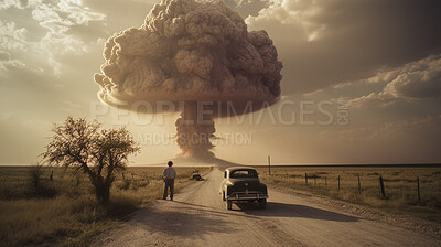 Buy stock photo Accident, apocalypse and nuclear explosion of bomb in countryside for battle, disaster and armageddon. Disaster, crisis and danger with attack with mushroom cloud for ai generated, atomic and power