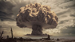Accident, apocalypse and nuclear explosion of bomb in city for battle, disaster and armageddon. Catastrophe, crisis and danger with attack with mushroom cloud for ai generated, atomic nuke and power
