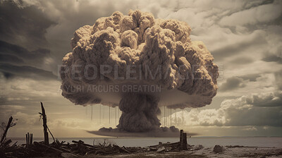 Buy stock photo Accident, apocalypse and nuclear explosion of bomb in city for battle, disaster and armageddon. Catastrophe, crisis and danger with attack with mushroom cloud for ai generated, atomic nuke and power