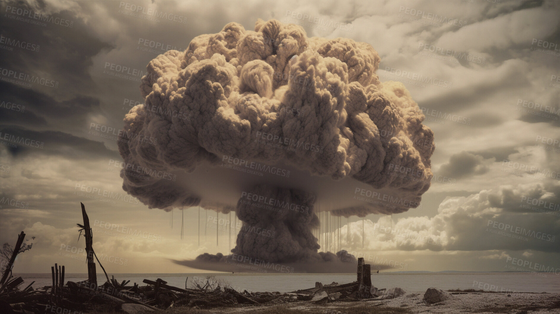 Buy stock photo Accident, apocalypse and nuclear explosion of bomb in city for battle, disaster and armageddon. Catastrophe, crisis and danger with attack with mushroom cloud for ai generated, atomic nuke and power