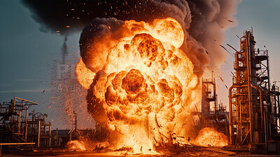 Buy stock photo Fire, power plant and nuclear explosion of bomb in city for buildings, smoke and armageddon. Catastrophe, accident and danger with attack and mushroom cloud for ai generated, chemical and burn