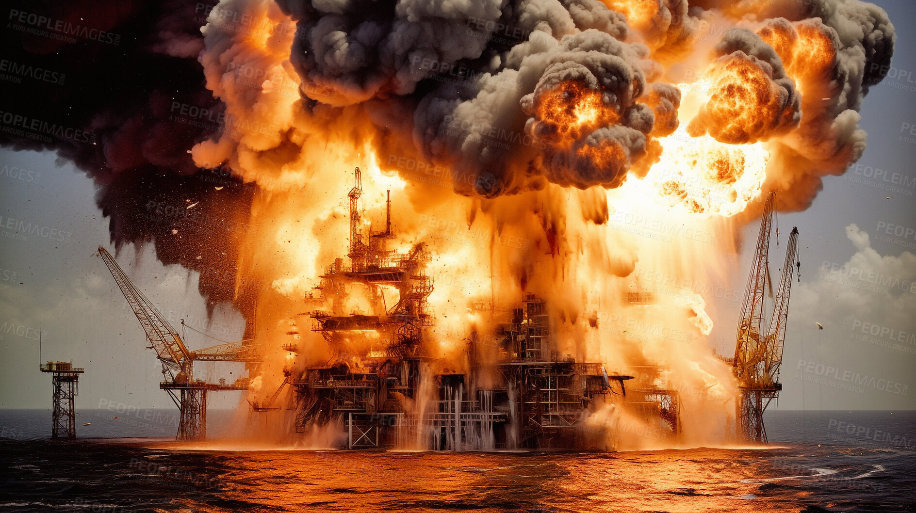 Buy stock photo Construction, accident and explosion of oil on rig for damage, emergency and danger. Catastrophe, crisis and fire with refinery machine on ocean platform for ai generated, industrial energy and smoke