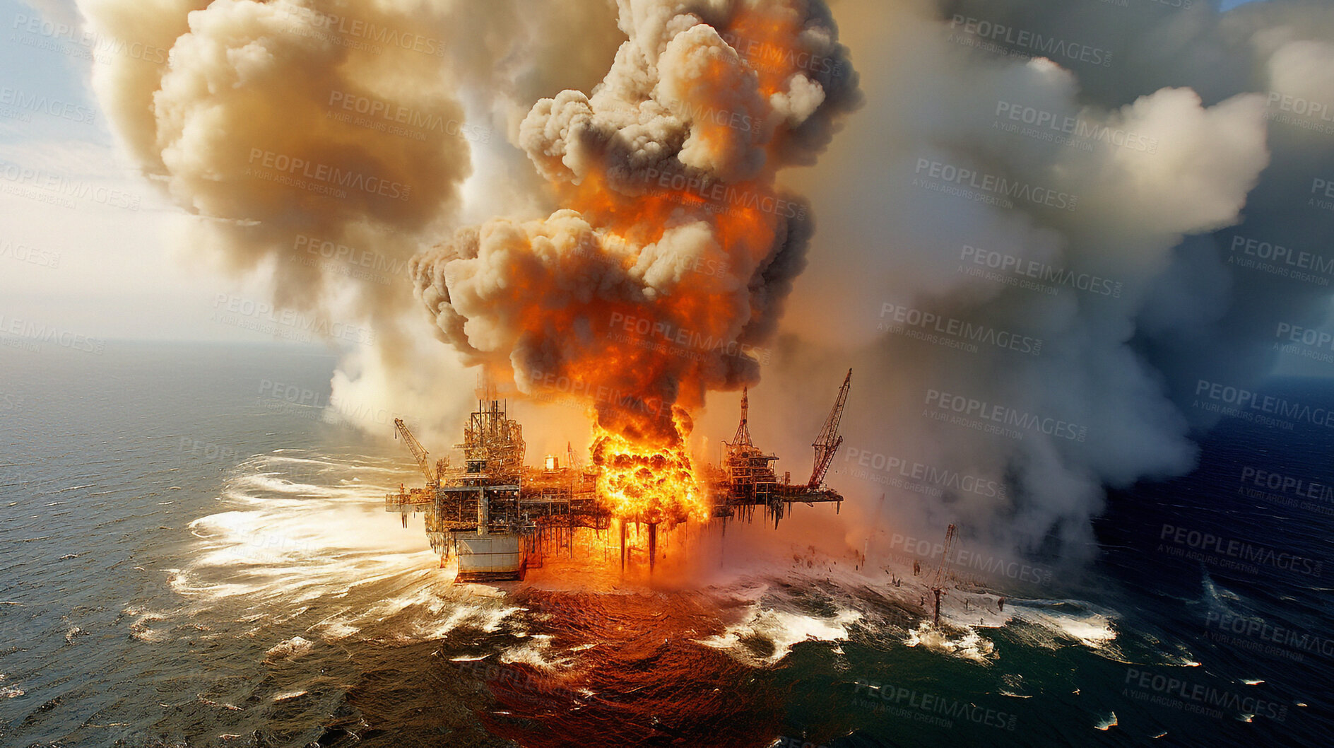 Buy stock photo Smoke, accident and explosion of oil on rig for damage, emergency and danger. Catastrophe, crisis and fire with refinery machine on ocean platform for ai generated, industrial energy and power