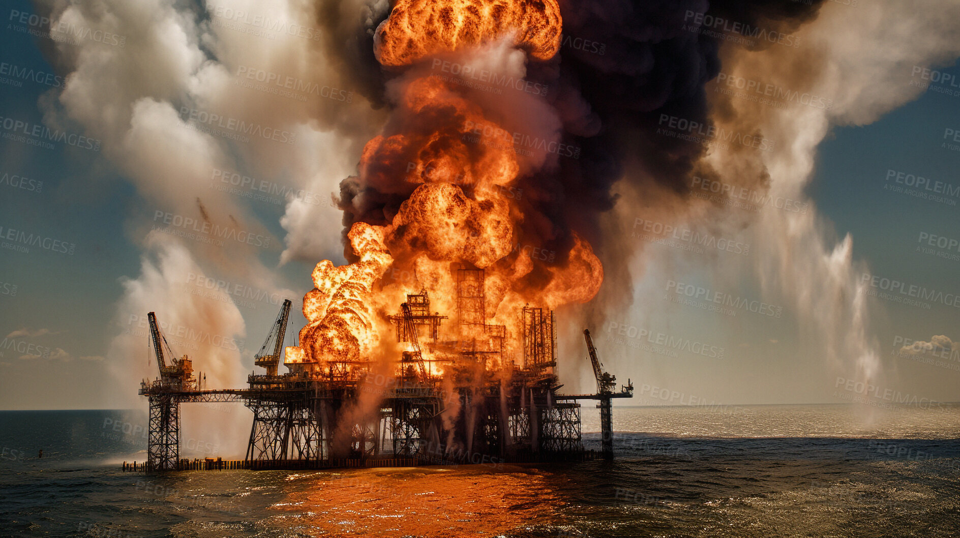 Buy stock photo Fire, accident and explosion of oil on rig for damage, emergency and danger. Catastrophe, crisis and smoke with refinery machine on ocean platform for ai generated, industrial energy and power