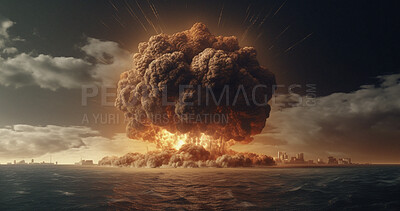 Buy stock photo Smoke, apocalypse and nuclear explosion of bomb in city for battle, disaster and armageddon. Catastrophe, crisis and danger with attack with mushroom cloud for ai generated, atomic nuke and power