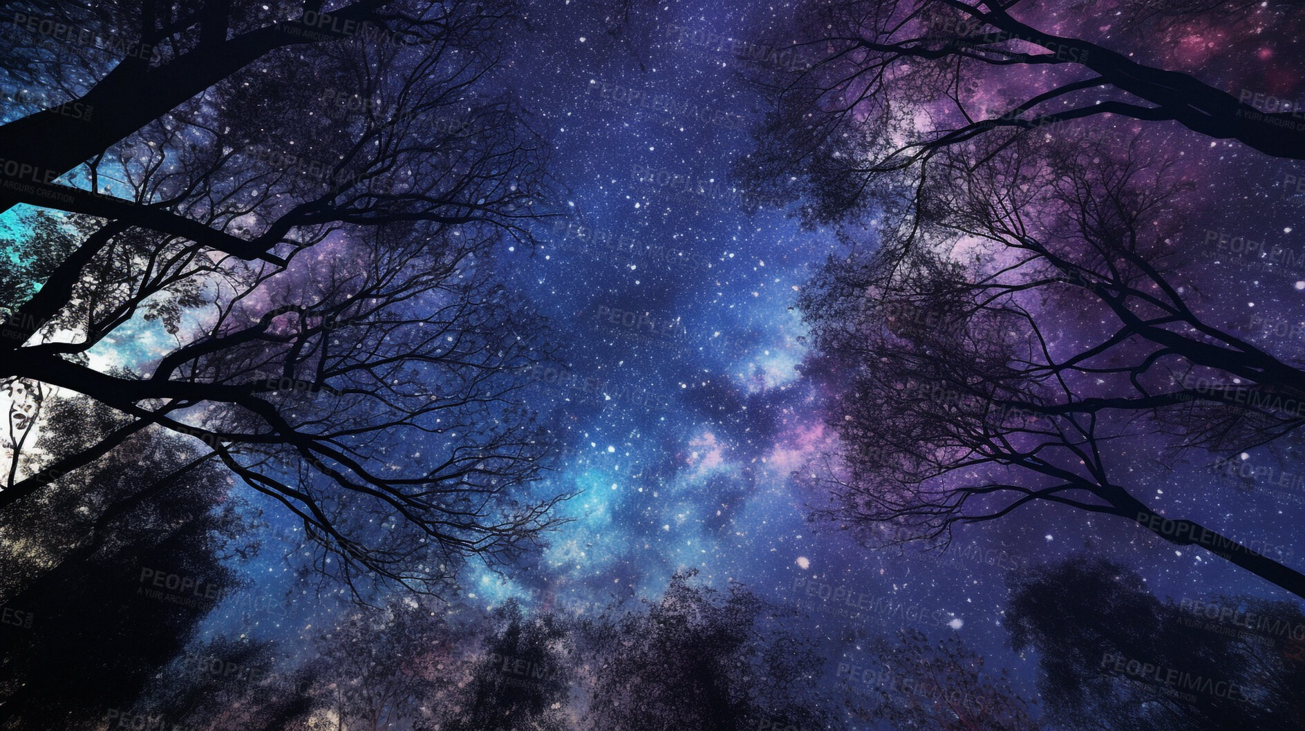 Buy stock photo Night, milky way and stars in dark sky in nature, forest and woods for stargazing, astrophotography and science research. Ai generated planet, landscape and starry milkyway in evening environment