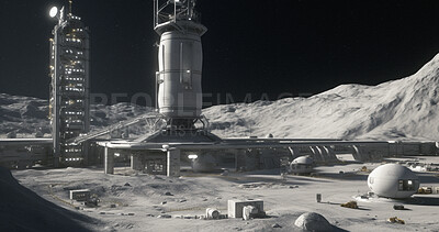 Lunar, city and futuristic architecture in space for science research, astronomy and galaxy exploration. Ai generated, planet and future buildings infrastructure for aerospace colony or moon landing