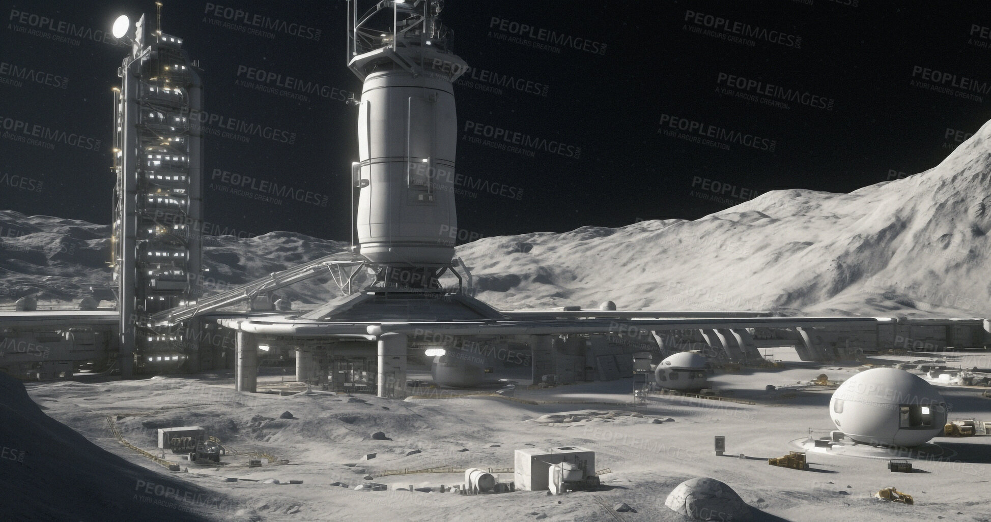 Buy stock photo Lunar, city and futuristic architecture in space for science research, astronomy and galaxy exploration. Ai generated, planet and future buildings infrastructure for aerospace colony or moon landing