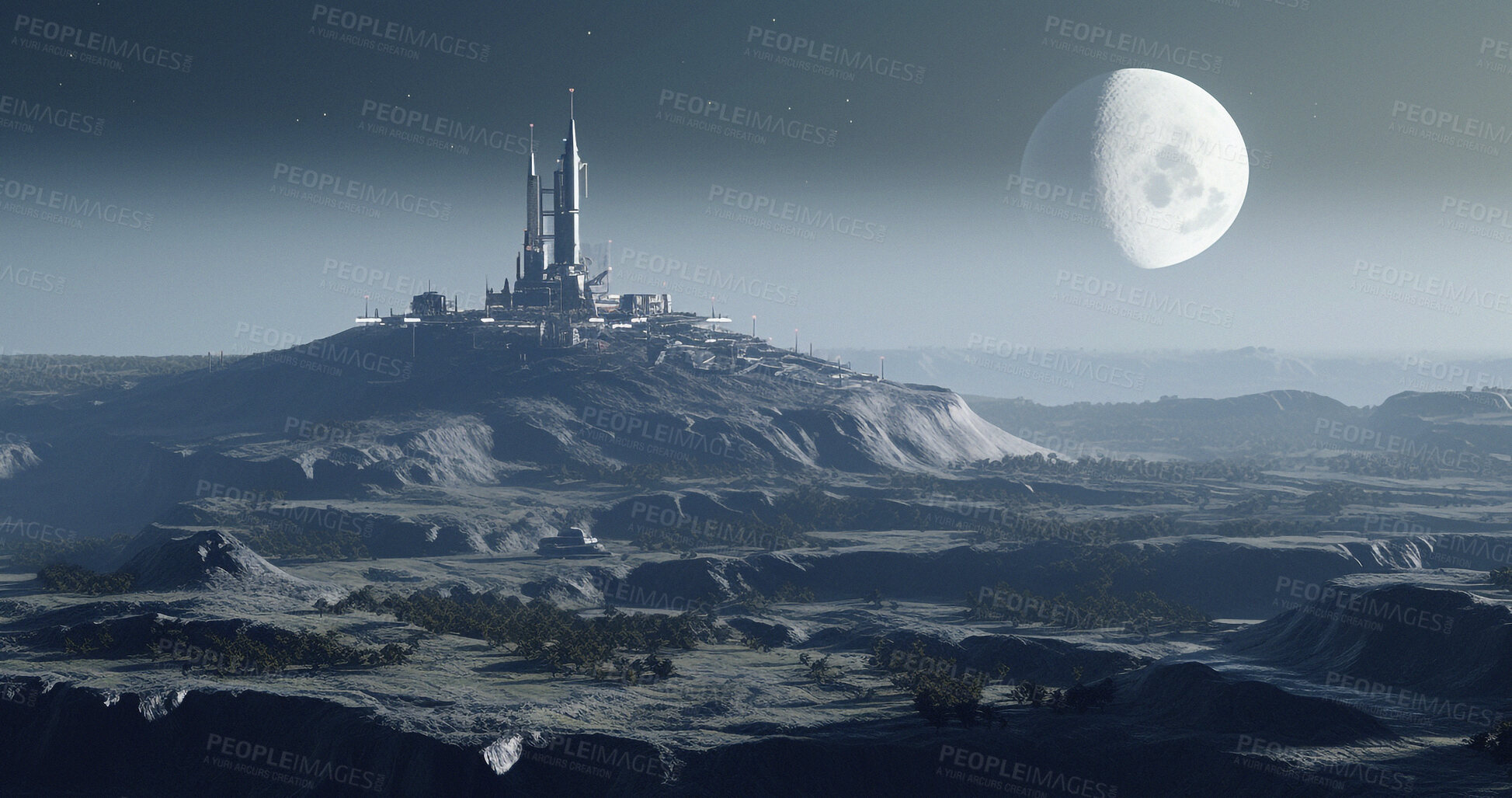 Buy stock photo Moon, buildings and futuristic infrastructure in space for science research, astronomy and galaxy exploration. Ai generated, planet and future city architecture for aerospace colony or travel landing