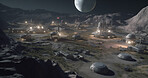 Moon, buildings and futuristic architecture in space for science research, astronomy and galaxy exploration. Ai generated, planet and future city infrastructure for aerospace colony or travel landing