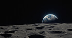 Moon, surface and earth view in space, universe and galaxy for science research, astrology and planet exploration. Ai generated crater, astronomy and solar system with world, dark sky or night mockup