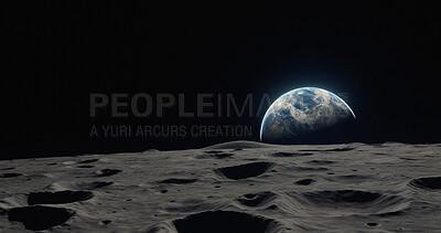 Moon, surface and earth view in space, universe and galaxy for science research, astrology and planet exploration. Ai generated crater, astronomy and solar system with world, dark sky or night mockup