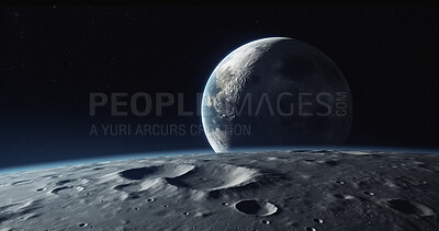 Moon, ground and world view in space, universe and galaxy for science research, astrology and planet exploration. Ai generated crater, astronomy and solar system with earth, dark sky or night mockup