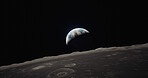 Moon, surface and world view in space, universe and galaxy for science research, astrology and planet exploration. Ai generated crater, astronomy and solar system with earth, dark sky or night mockup