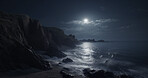Moon, mountains and ocean water at night in landscape, nature view and travel peace in late evening. Ai generated, dark sky and planet view with moonlight, sea and waves by earth hills or cliff beach
