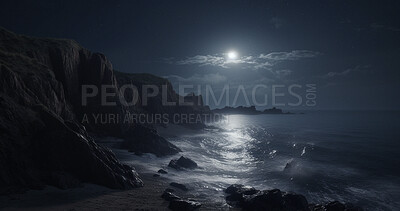Moon, mountains and ocean water at night in landscape, nature view and travel peace in late evening. Ai generated, dark sky and planet view with moonlight, sea and waves by earth hills or cliff beach