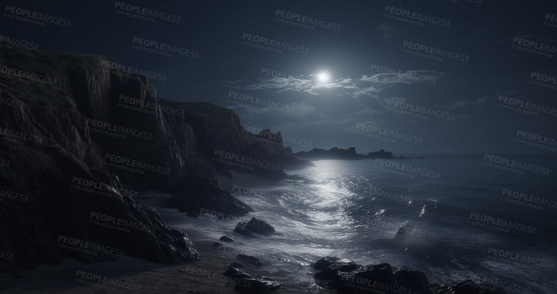 Buy stock photo Moon, mountains and ocean water at night in landscape, nature view and travel peace in late evening. Ai generated, dark sky and planet view with moonlight, sea and waves by earth hills or cliff beach