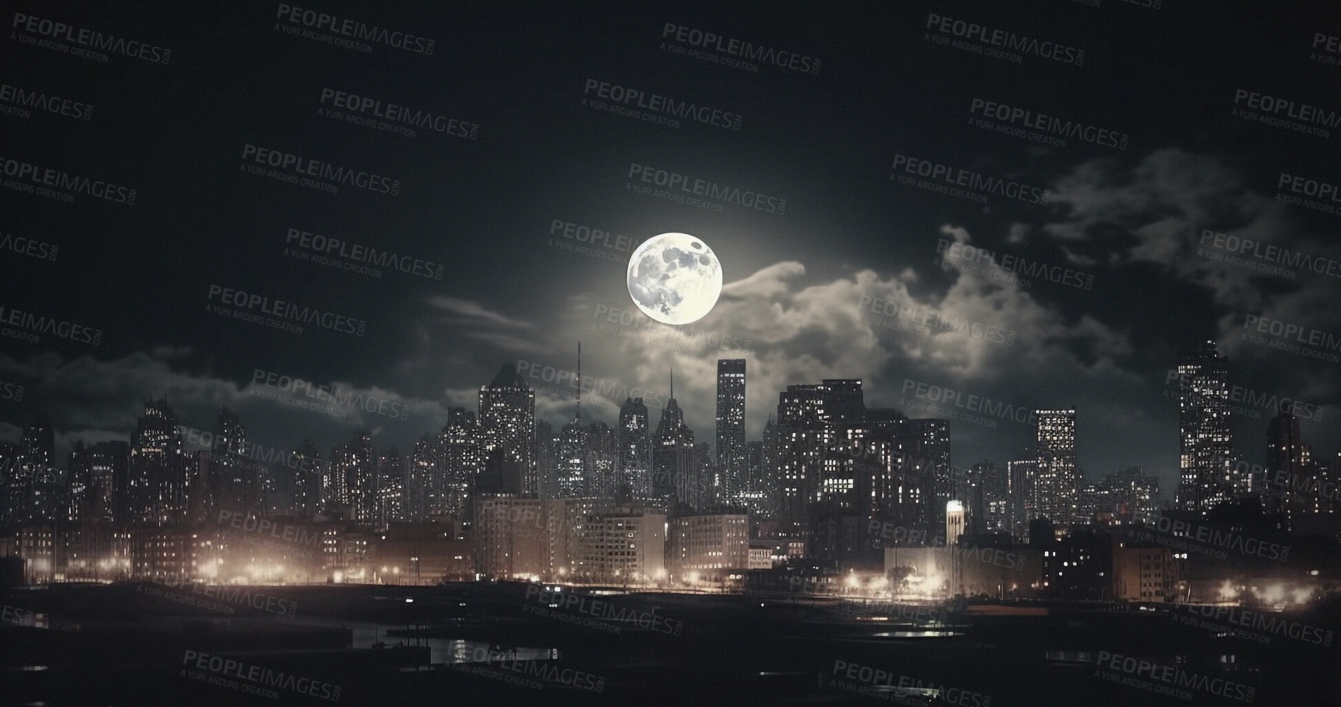 Buy stock photo Moon, cityscape and night view with buildings, infrastructure and urban architecture in late evening. Ai generated, landscape and downtown city with dark sky, moonlight and planet star with mock up