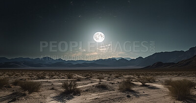 Moon, landscape and desert view with plants, sand ground and remote environment in late evening. Ai generated, land and dry nature location with dark sky, moonlight and morning mock up space