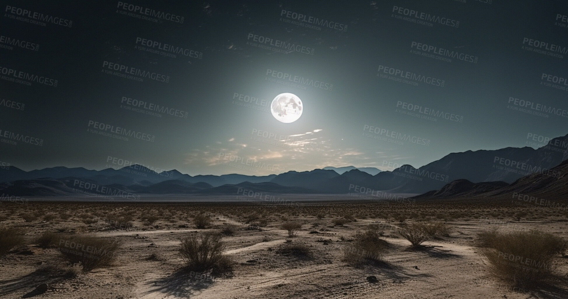 Buy stock photo Moon, landscape and desert view with plants, sand ground and remote environment in late evening. Ai generated, land and dry nature location with dark sky, moonlight and morning mock up space