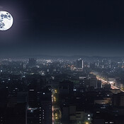 Moon, city and night view with buildings, infrastructure and urban ...