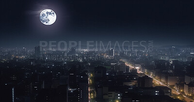 Moon, city and night view with buildings, infrastructure and urban architecture in late evening. Ai generated, landscape and downtown cityscape with dark sky, moonlight and planet star with mock up