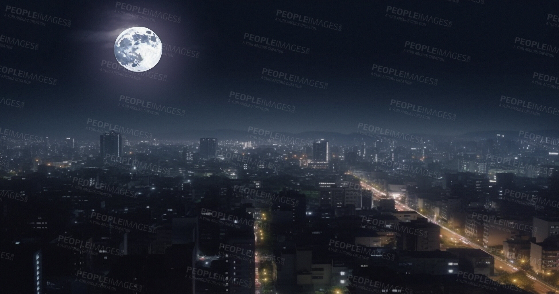 Buy stock photo Moon, city and night view with buildings, infrastructure and urban architecture in late evening. Ai generated, landscape and downtown cityscape with dark sky, moonlight and planet star with mock up