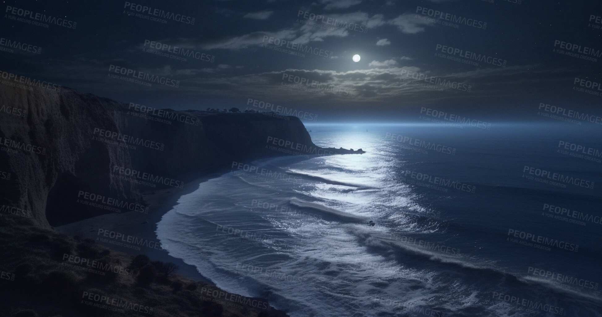 Buy stock photo Moon, mountains and sea water at night in landscape, nature view and travel peace in late evening. Ai generated, dark sky and planet view with moonlight, ocean and waves by earth hills or cliff beach