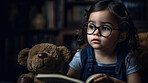 Thinking, books and storytelling with girl in library for knowledge, relax and fairytale. Ai generated, education and teddy bear with kid and reading for fantasy, learning and child development