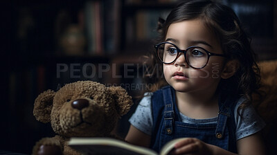 Thinking, books and storytelling with girl in library for knowledge, relax and fairytale. Ai generated, education and teddy bear with kid and reading for fantasy, learning and child development