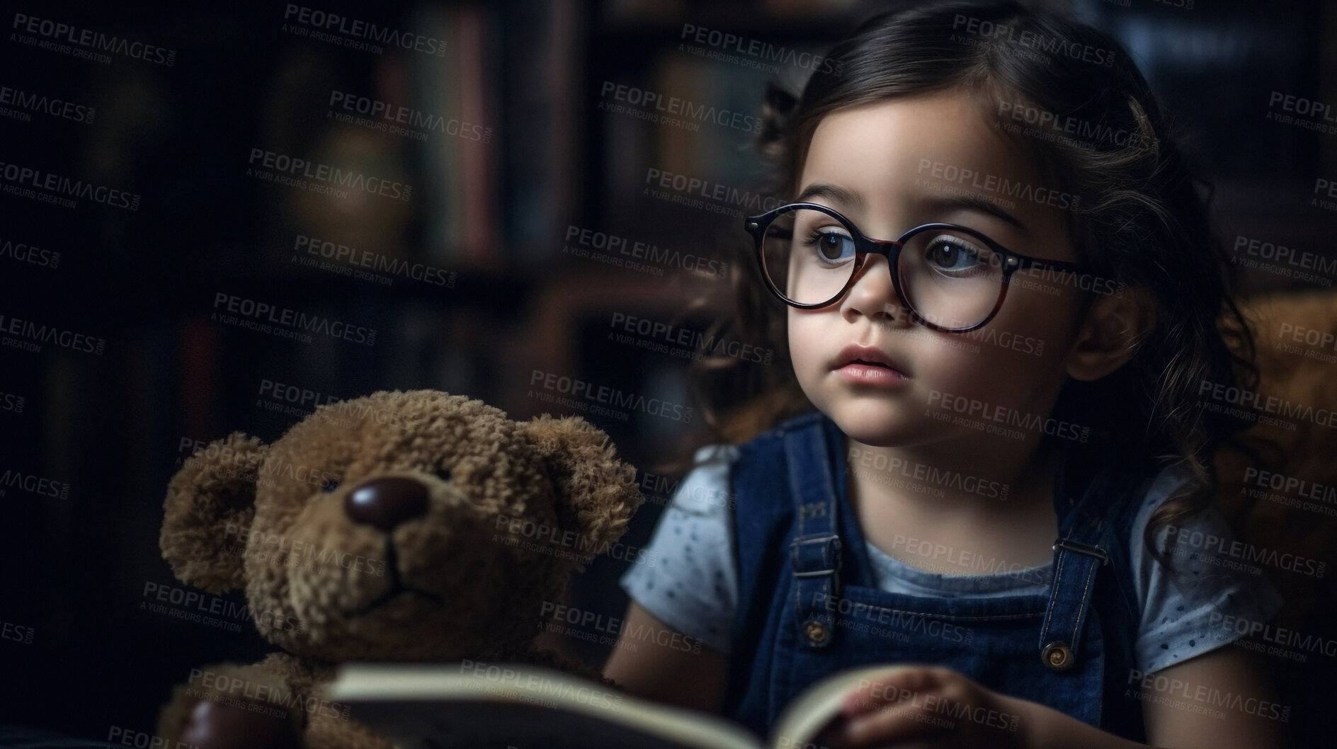 Buy stock photo Thinking, books and storytelling with girl in library for knowledge, relax and fairytale. Ai generated, education and teddy bear with kid and reading for fantasy, learning and child development