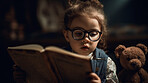 Night, books and storytelling with child in bedroom for bedtime, relax and fairytale. Ai generated, education and teddy bear with kid and reading at home for fantasy, learning and development