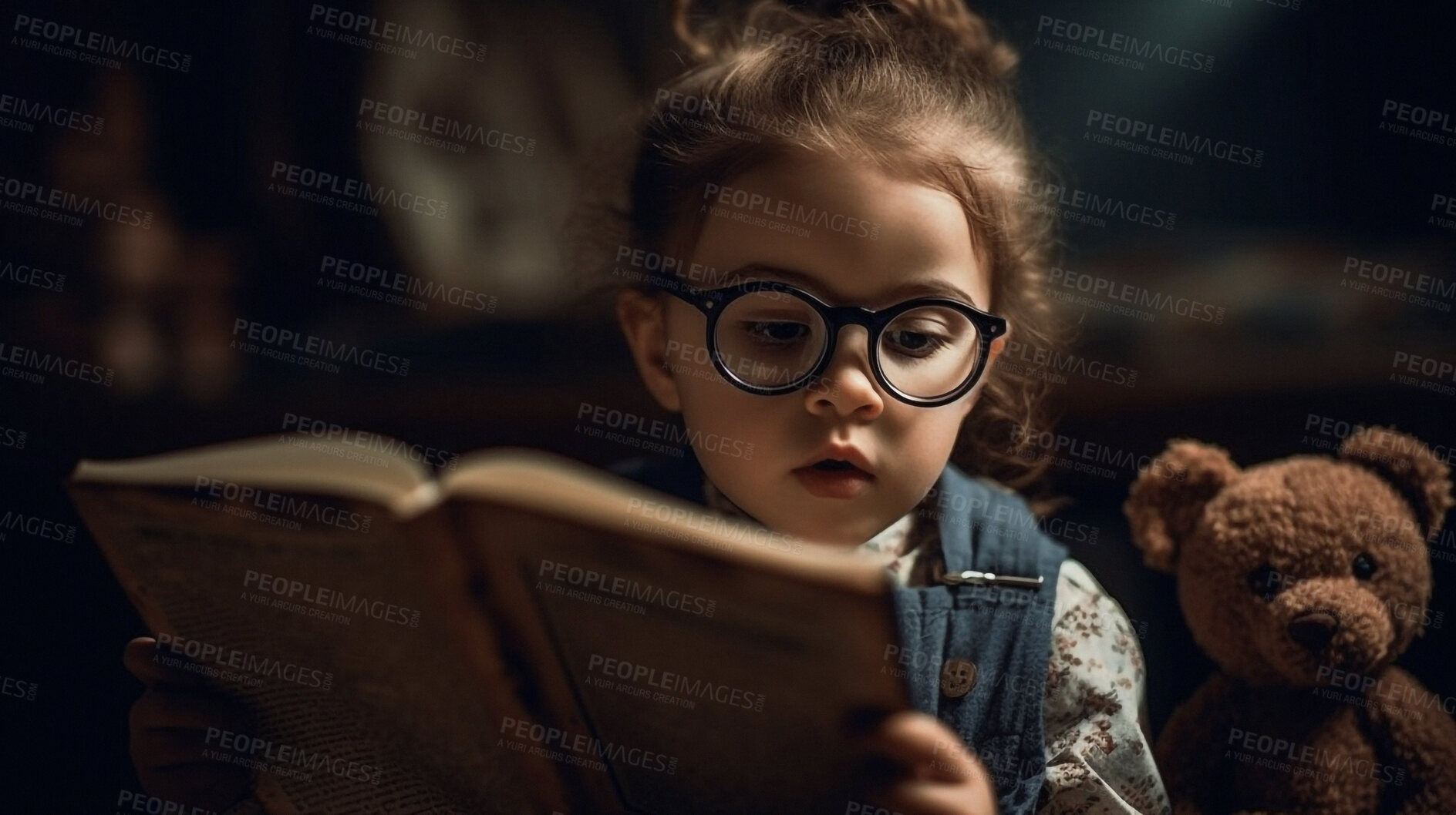 Buy stock photo Night, books and storytelling with child in bedroom for bedtime, relax and fairytale. Ai generated, education and teddy bear with kid and reading at home for fantasy, learning and development